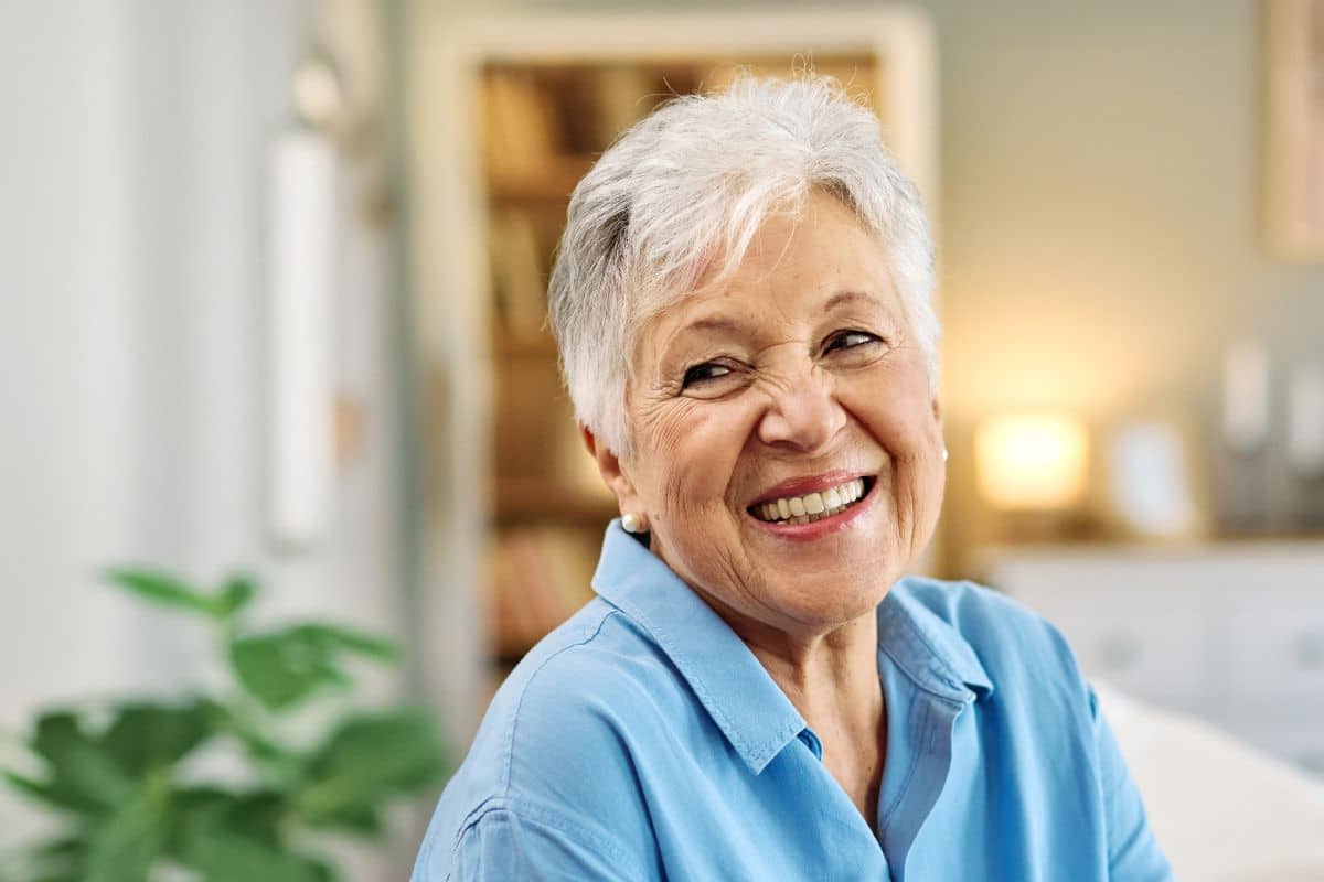 woman smiling happily