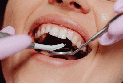 a woman getting her teeth checked at the dentist, representing professional fluoride treatment