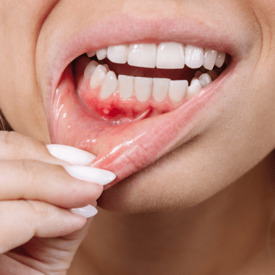 A close up of a person's mouth with lip being pulled down to show red gums, representing how to prevent gum disease