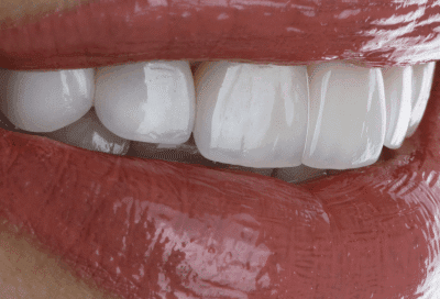 Close-up of glossy, white teeth, representing benefits of porcelain veneers