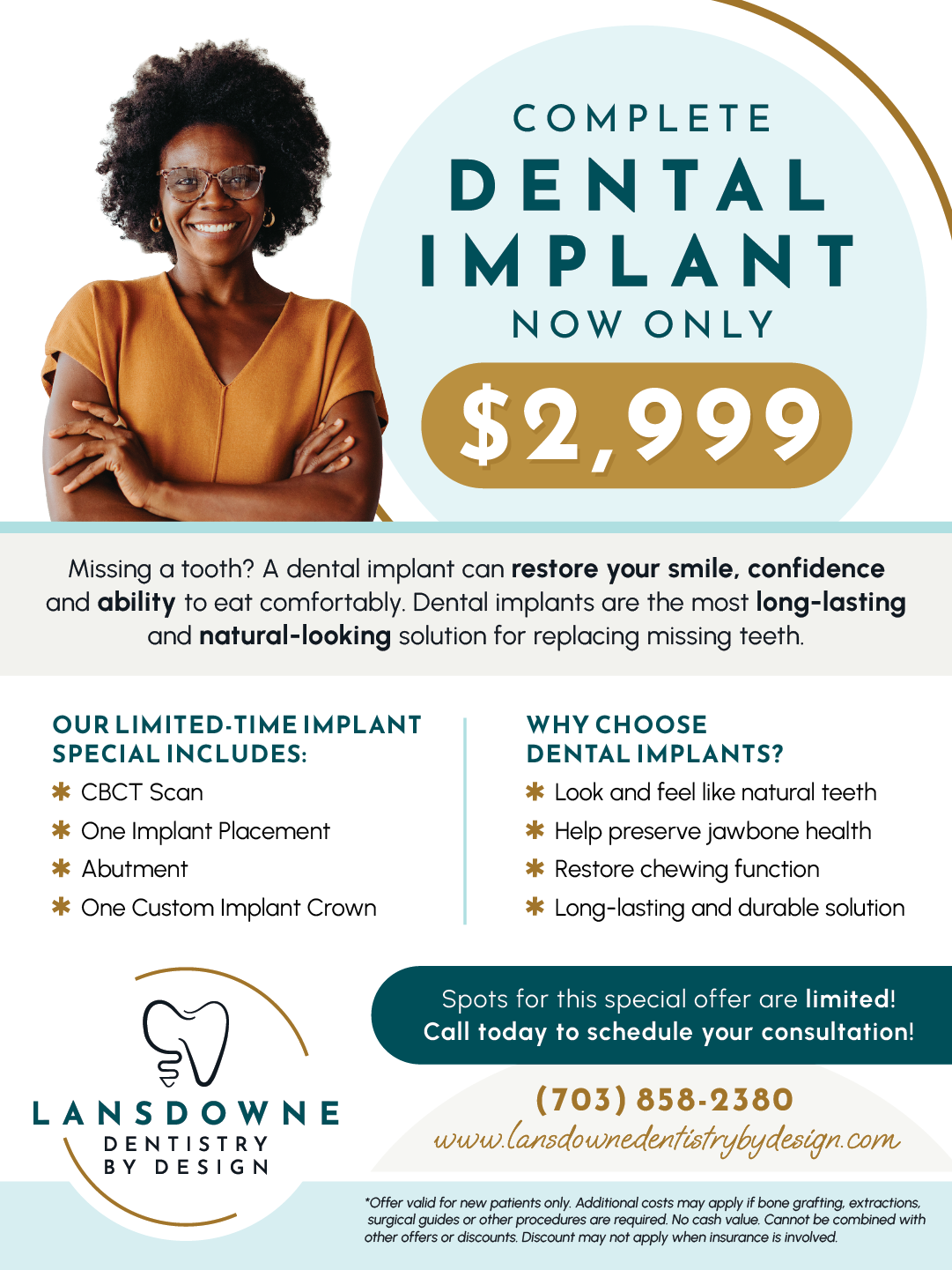 Complete dental implant offer $2999 at lansdowne dentistry by design in lansdowne va with smiling patient