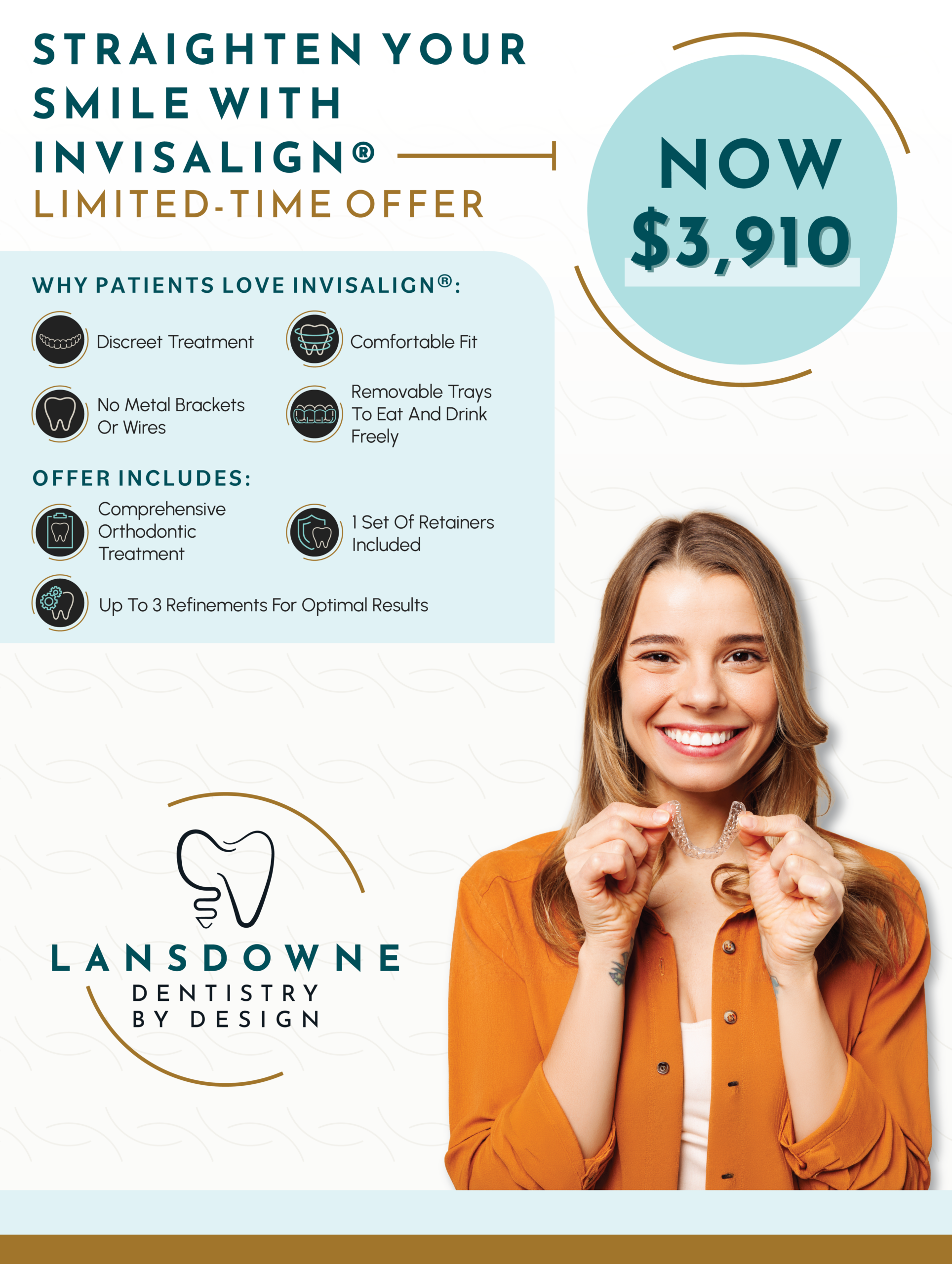 Invisalign clear aligner offer $3910 at lansdowne dentistry by design in lansdowne va with smiling patient holding aligners