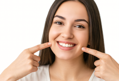 Smiling woman pointing at her cheeks, representing how a confident smile affects first impressions