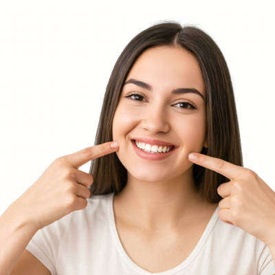 Smiling woman pointing at her cheeks, representing how a confident smile affects first impressions